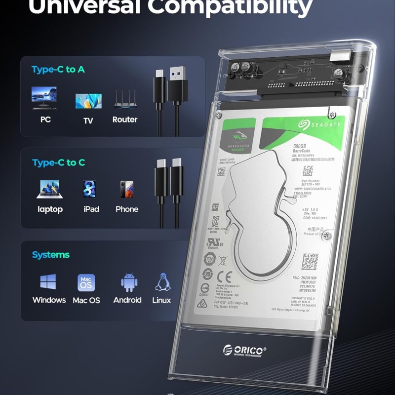 ORICO 2.5'' Hard Drive Enclosure Type-C USB 3.1 Gen2 to SATA 6Gbps Computer External HDD Enclosure for 7 9.5mm HDD SSD Support UASP Compatible WD Seagate Toshiba Samsung Hitachi PS5-2139C3-G2