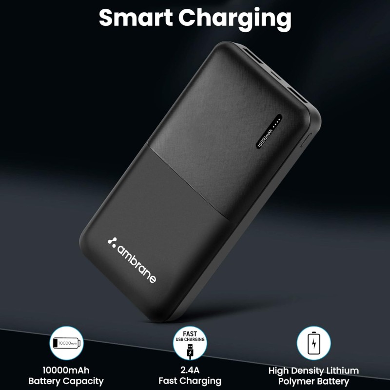(Refurbished) Ambrane 10000 mAh Lithium_Polymer Capsule 10K Power Bank with 12 Watt Fast Charging, Black (Refurbished) Ambrane 10000 mAh Lithium_Polymer Capsule 10K Power Bank with 12 Watt Fast Charging, Black