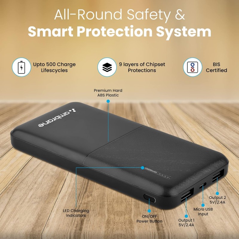 (Refurbished) Ambrane 10000 mAh Lithium_Polymer Capsule 10K Power Bank with 12 Watt Fast Charging, Black (Refurbished) Ambrane 10000 mAh Lithium_Polymer Capsule 10K Power Bank with 12 Watt Fast Charging, Black