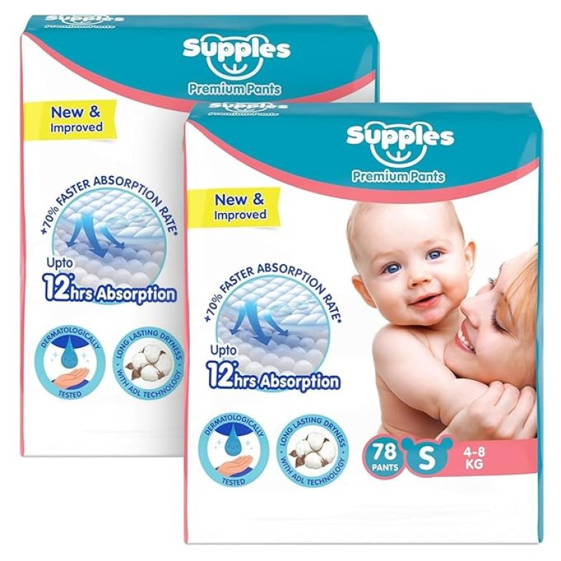 Amazon Brand - Supples Premium Baby Diaper Pants | 156 Baby Diapers | Small | 4-8 Kg | 78 x 2 Packs | 12 Hrs Absorption | Cushiony Cotton Soft Fabric | Phthalates-Free | Triple Leak Guard Amazon Brand - Supples Premium Baby Diaper Pants | 156 Baby Diapers | Small | 4-8 Kg | 78 x 2 Packs | 12 Hrs Absorption | Cushiony Cotton Soft Fabric | Phthalates-Free | Triple Leak Guard