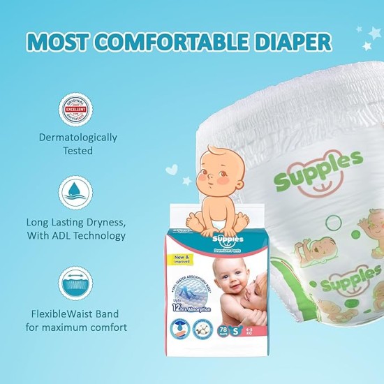 Amazon Brand - Supples Premium Baby Diaper Pants | 156 Baby Diapers | Small | 4-8 Kg | 78 x 2 Packs | 12 Hrs Absorption | Cushiony Cotton Soft Fabric | Phthalates-Free | Triple Leak Guard