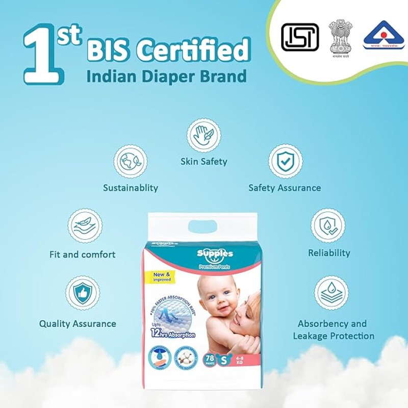 Amazon Brand - Supples Premium Baby Diaper Pants | 156 Baby Diapers | Small | 4-8 Kg | 78 x 2 Packs | 12 Hrs Absorption | Cushiony Cotton Soft Fabric | Phthalates-Free | Triple Leak Guard Amazon Brand - Supples Premium Baby Diaper Pants | 156 Baby Diapers | Small | 4-8 Kg | 78 x 2 Packs | 12 Hrs Absorption | Cushiony Cotton Soft Fabric | Phthalates-Free | Triple Leak Guard