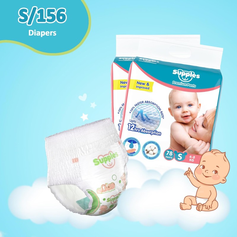 Amazon Brand - Supples Premium Baby Diaper Pants | 156 Baby Diapers | Small | 4-8 Kg | 78 x 2 Packs | 12 Hrs Absorption | Cushiony Cotton Soft Fabric | Phthalates-Free | Triple Leak Guard Amazon Brand - Supples Premium Baby Diaper Pants | 156 Baby Diapers | Small | 4-8 Kg | 78 x 2 Packs | 12 Hrs Absorption | Cushiony Cotton Soft Fabric | Phthalates-Free | Triple Leak Guard