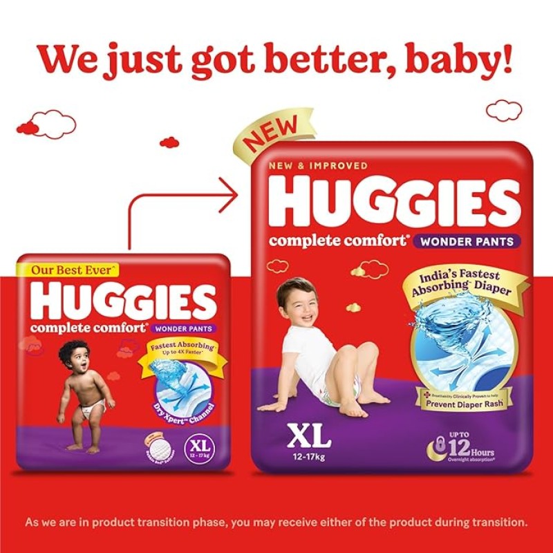 Huggies Complete Comfort Wonder Pants | Pant Style Baby Diapers XL Size, 168 Count | India's Fastest Absorbing Diaper, Patented Dry Xpert Channel, Ideal for 12 to 17 Kgs Huggies Complete Comfort Wonder Pants | Pant Style Baby Diapers XL Size, 168 Count | India's Fastest Absorbing Diaper, Patented Dry Xpert Channel, Ideal for 12 to 17 Kgs