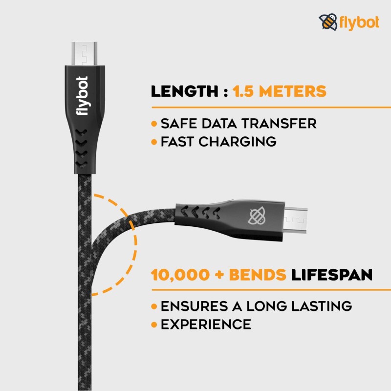 (Refurbished) Flybot Bolt Rugged Polyester Braided Unbreakable Micro USB Fast Charging Cable for Smartphone, Personal Computer (Length - 1.5 Meter, Color - Grey) (Refurbished) Flybot Bolt Rugged Polyester Braided Unbreakable Micro USB Fast Charging Cable for Smartphone, Personal Computer (Length - 1.5 Meter, Color - Grey)