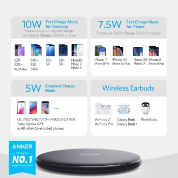 (Refurbished) Anker Wireless Charger,313 Wireless Charger(Pad)Qi-Certified 10W Max For Iphone 12/12 Pro/12 Mini/12 Pro Max,Se 2020,11,Airpods(No Ac Adapter,Not Compatible With Magsafe Magnetic Charging)Black