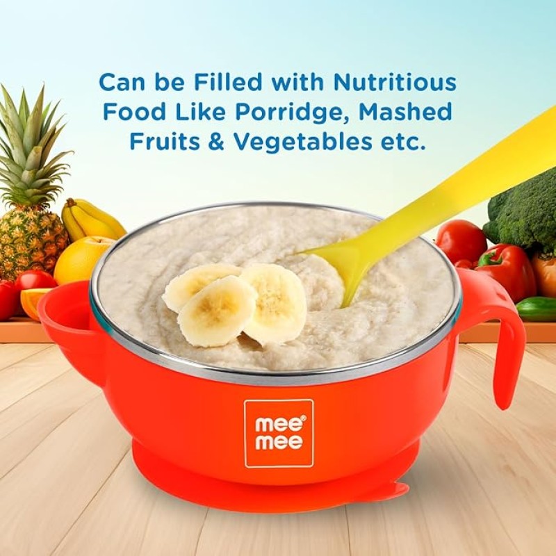 Mee Mee Stay Warm Baby Steel Bowl with Suction Base, Red (Pack of 1) Mee Mee Stay Warm Baby Steel Bowl with Suction Base, Red (Pack of 1)