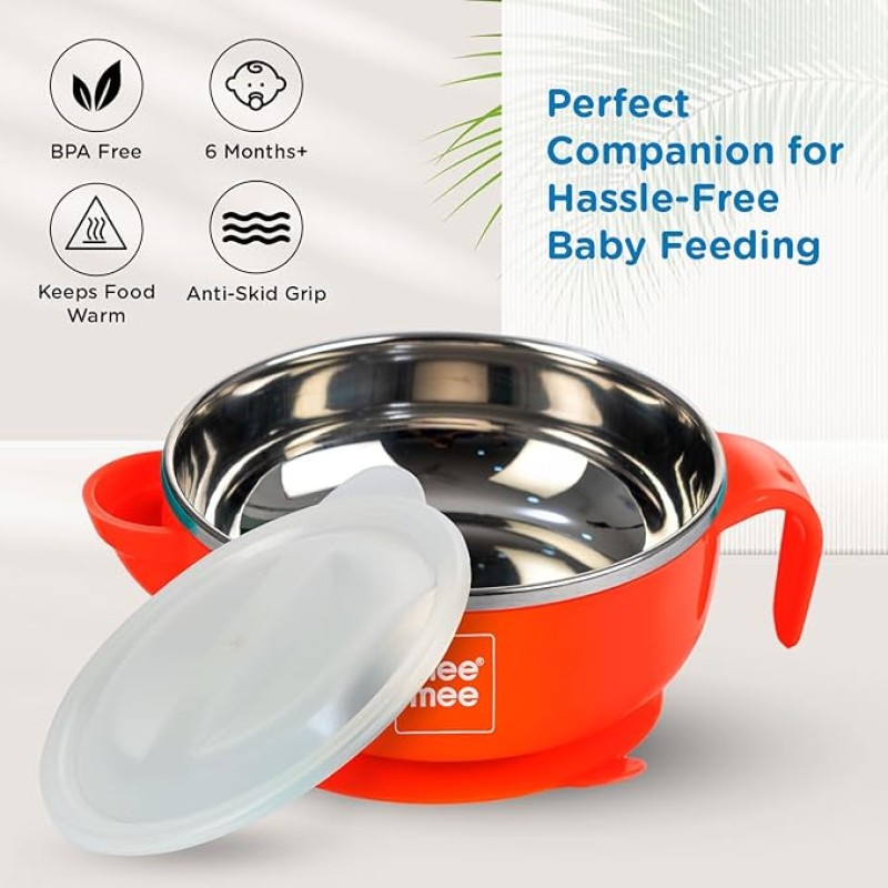 Mee Mee Stay Warm Baby Steel Bowl with Suction Base, Red (Pack of 1) Mee Mee Stay Warm Baby Steel Bowl with Suction Base, Red (Pack of 1)