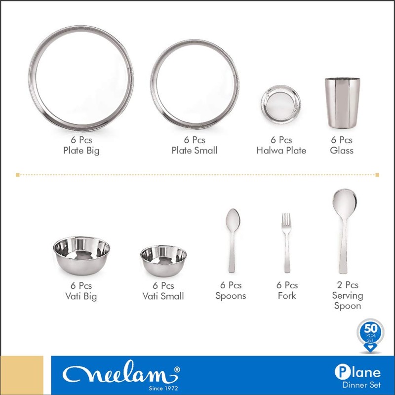 Neelam Stainless Steel 24 Gauge Classic Dinner Set, Solid 50 Pcs Set Serving 6 People, Silver, Durable, Dishwasher Safe, Ideal Gifting Dinner Set for Anniversary, Wedding, Housewarming Party. Neelam Stainless Steel 24 Gauge Classic Dinner Set, Solid 50 Pcs Set Serving 6 People, Silver, Durable, Dishwasher Safe, Ideal Gifting Dinner Set for Anniversary, Wedding, Housewarming Party.