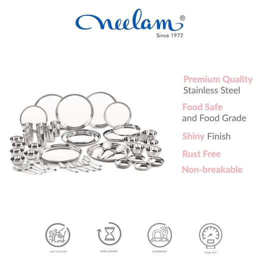 Neelam Stainless Steel 24 Gauge Classic Dinner Set, Solid 50 Pcs Set Serving 6 People, Silver, Durable, Dishwasher Safe, Ideal Gifting Dinner Set for Anniversary, Wedding, Housewarming Party.