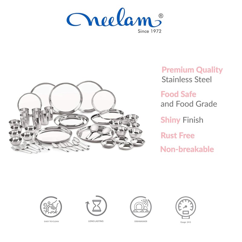 Neelam Stainless Steel 24 Gauge Classic Dinner Set, Solid 50 Pcs Set Serving 6 People, Silver, Durable, Dishwasher Safe, Ideal Gifting Dinner Set for Anniversary, Wedding, Housewarming Party. Neelam Stainless Steel 24 Gauge Classic Dinner Set, Solid 50 Pcs Set Serving 6 People, Silver, Durable, Dishwasher Safe, Ideal Gifting Dinner Set for Anniversary, Wedding, Housewarming Party.