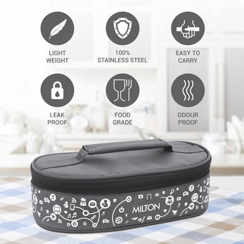 MILTON Lifestyle Lunch Box with Insulated Jacket, 2 Stainless Steel Containers with Clip Lock Lid (300 ml Each), Leak-Proof Tiffin for Office, School, College, Grey MILTON Lifestyle Lunch Box with Insulated Jacket, 2 Stainless Steel Containers with Clip Lock Lid (300 ml Each), Leak-Proof Tiffin for Office, School, College, Grey