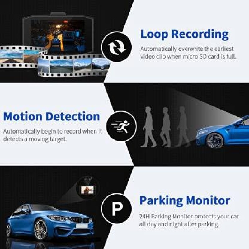 DC02 Dash Cam Front and Rear Full HD Dual Dashboard Camera for Cars with 3 Inches(7.6cm) Screen Night Vision 170� (431.8cm) Wide Angle G-Sensor Loop Recording Parking Mode
