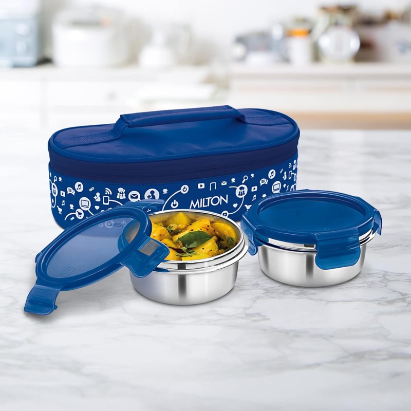 MILTON Lifestyle Lunch Box with Insulated Bag, 2 Stainless Steel Containers with Clip Lock Lid, 300 ml Each, Leak-Proof Tiffin for Office, School, College, Blue MILTON Lifestyle Lunch Box with Insulated Bag, 2 Stainless Steel Containers with Clip Lock Lid, 300 ml Each, Leak-Proof Tiffin for Office, School, College, Blue