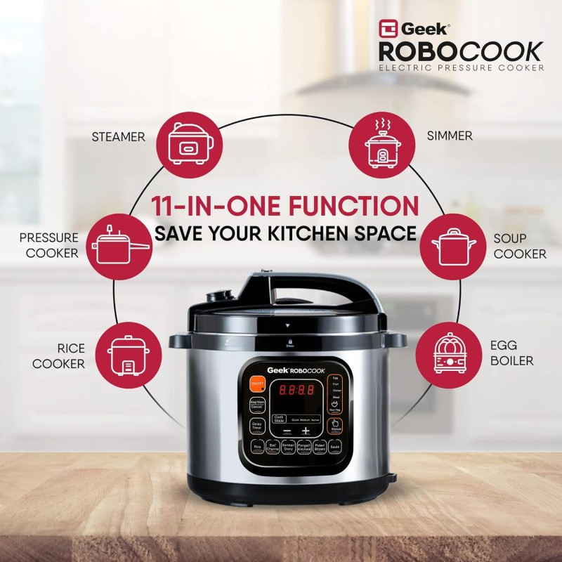 Geek Robocook Zeta 11-in-1 Automatic Electric Pressure Cooker 5 L | 2 Year Warranty | 13 Indian Preset Menu, Instant Electric Cooker Pot, Multipurpose Electric Rice Cooker (Stainless Steel, 5 Litre) Geek Robocook Zeta 11-in-1 Automatic Electric Pressure Cooker 5 L | 2 Year Warranty | 13 Indian Preset Menu, Instant Electric Cooker Pot, Multipurpose Electric Rice Cooker (Stainless Steel, 5 Litre)
