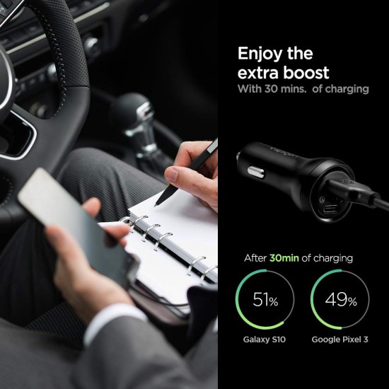 Spigen USB C Car Charger,45W Dual Port Car Charger Fast Charge(PD Charging 27W+Quick Charge 18W)Type C Car Adapter for iPhone 13 Pro Max 13 Mini 12 11 iPad Galaxy S21 Ultra S20 FE Note 20 Plus,Black