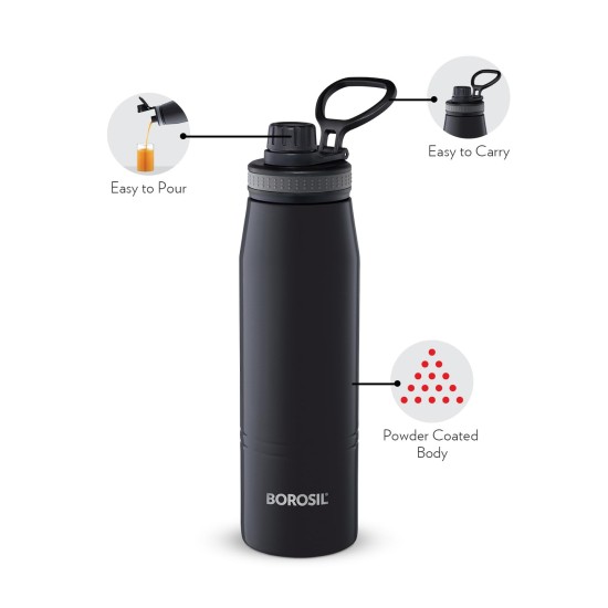 Borosil Hydra GoSports 900 ml Stainless Steel Wate Bottle | Double Wall Vacuum Insulated Flask, Black | 14 Hrs Hot & 18 Hours Cold | Ideal for Personal & Corporate Gifting