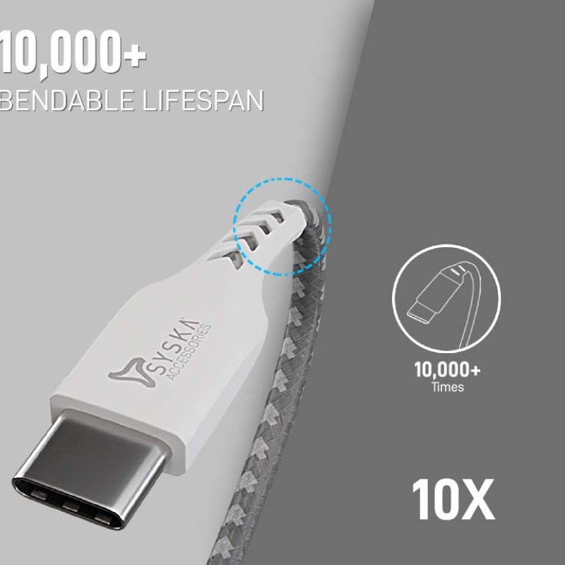 Syska CCCP10 1.5m Type-C Cable 2.4A Fast Charging (Grey White) Syska CCCP10 1.5m Type-C Cable 2.4A Fast Charging (Grey White)
