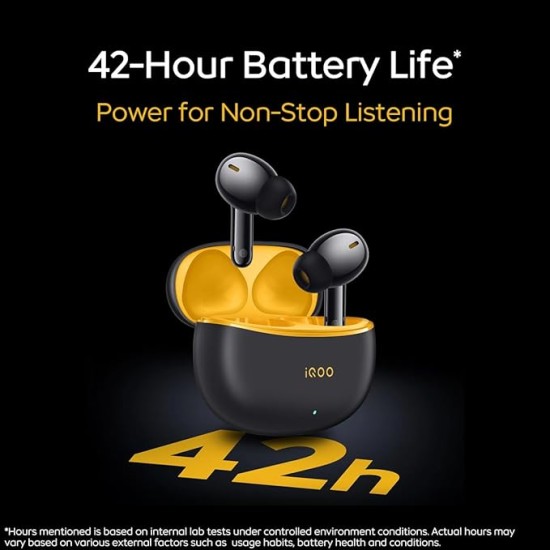 iQOO TWS 1e in-Ear Earbuds with Mic, Upto 30dB Active Noise Cancellation, Fast Charging which Takes 10 mins for 3 Hours Playtime, with Upto 42 hrs Playback time (Flame Yellow)