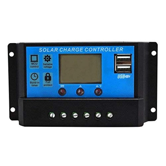 ELEPHANTBOAT ® 10A 12V 24V ABS Solar Panel Charger Controller Battery Dual USB LCD Display Regulator (Blue)