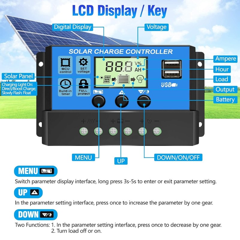 ELEPHANTBOAT � 10A 12V 24V ABS Solar Panel Charger Controller Battery Dual USB LCD Display Regulator (Blue) ELEPHANTBOAT � 10A 12V 24V ABS Solar Panel Charger Controller Battery Dual USB LCD Display Regulator (Blue)