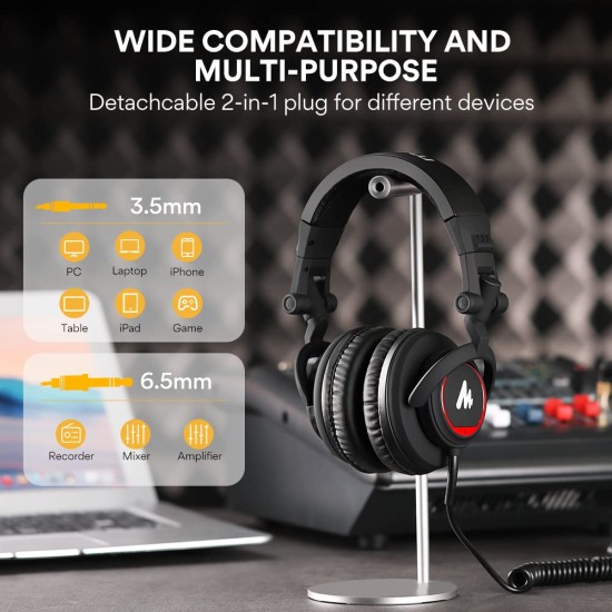 MAONO AU-MH501 Over-Ear Wired Studio Headphones, Stereo Monitor Closed Back Headsets with 50mm Driver and Lightweight Foldable Design for Gaming, Singing, Microphone Recording, Mobile, PC (Black)