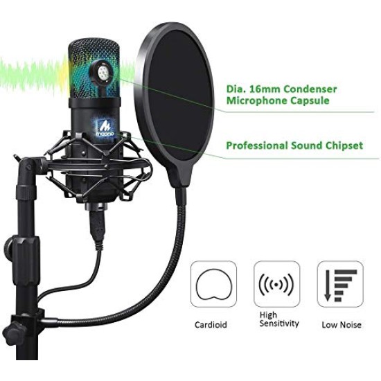 Maono AU-A04T USB Condenser Podcast PC Microphone Kit with Pop Filter and Stand for Computer, YouTube and Gaming Recording