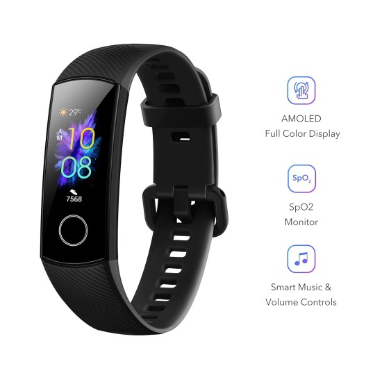 HONOR Band 5 (MeteoriteBlack)- Waterproof Full Color AMOLED Touchscreen, SpO2 (Blood Oxygen), Music Control, Watch Faces Store, up to 14 Day Battery Life