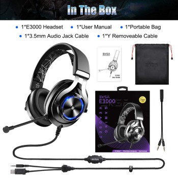 Eksa E3000 Gaming Wired On Ear Headphones With Mic With Stereo, Gaming With Noise Cancelling, Led Light For Pc, Ps4, Ps5 (Black) Eksa E3000 Gaming Wired On Ear Headphones With Mic With Stereo, Gaming With Noise Cancelling, Led Light For Pc, Ps4, Ps5 (Black)