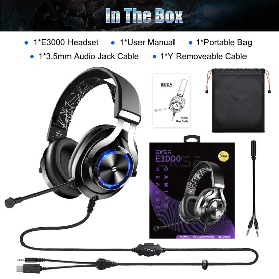 Eksa E3000 Gaming Wired On Ear Headphones With Mic With Stereo, Gaming With Noise Cancelling, Led Light For Pc, Ps4, Ps5 (Black)