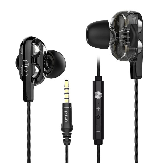 pTron Boom Ultima 4D Dual Driver, In Ear Gaming Wired Headphones with Mic, Volume Control & Passive Noise Cancelling Boom 3 Earphones - (Black)