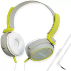 Adcom AD-28038 Junior Wired On-Ear Stereo Headphones with Microphone, Adjustable Leather Padded Cushions and 40mm Drivers (Grey/Green)