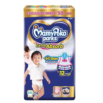 MamyPoko Pants Extra Absorb Baby Diapers, Extra Extra Large (XXL Size) | 15-25 kg | 34 Count |Deep Sleep Diapers| Soft Gentle fit |Deep Absorbent Crisscross | Skin Friendly with Coconut Oil |