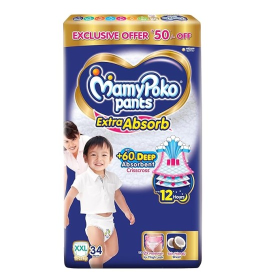 MamyPoko Pants Extra Absorb Baby Diapers, Extra Extra Large (XXL Size) | 15-25 kg | 34 Count |Deep Sleep Diapers| Soft Gentle fit |Deep Absorbent Crisscross | Skin Friendly with Coconut Oil |