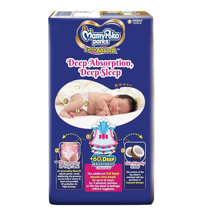 MamyPoko Pants Extra Absorb Baby Diapers, Extra Extra Large (XXL Size) | 15-25 kg | 34 Count |Deep Sleep Diapers| Soft Gentle fit |Deep Absorbent Crisscross | Skin Friendly with Coconut Oil |