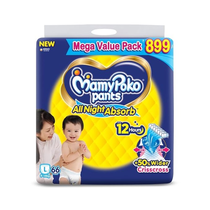 MamyPoko Pants All Night Absorb Baby Diapers Large (L), 66 Count 9-14 kg