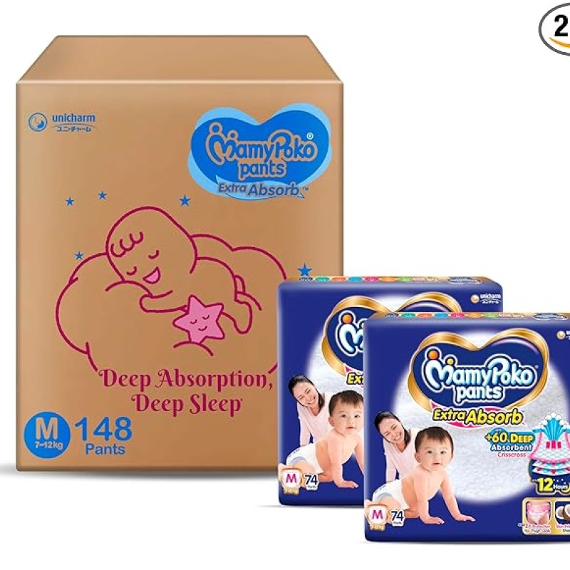 MamyPoko Pants Extra Absorb Baby Diapers, Medium (M size) | 7-12 kg | 148 Count |Deep Sleep Diapers| Soft gentle fit |Deep Absorbent Crisscross | skin