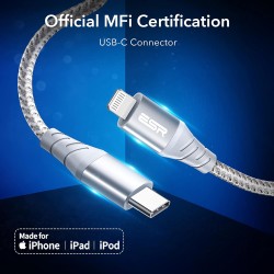 ESR USB-C to L Cable, (2 meter, MFi-Certified), PD Fast Charging Cable for iPhone 13/13 mini/13 Pro/13 Pro Max/12/12 mini/12 Pro/12 Pro Max/SE 2022/11/XR, Braided Nylon, (2 Pack), Silver