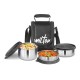 MILTON Tasty 4 Lunch Box with Insulated Fabric Jacket, 4 Stainless Steel Containers (200 ml, 320 ml, 500 ml), Leak-Proof Tiffin for Office, College, Picnic, Black