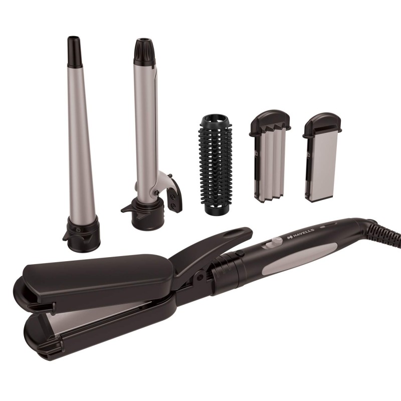 Havells 5-in-1 Multi Styling Kit - Straightener, Curler, Crimper, Conical Curler & Volume Brush, for Multiple Hair Styles, Silver/Black, HC4045 Havells 5-in-1 Multi Styling Kit - Straightener, Curler, Crimper, Conical Curler & Volume Brush, for Multiple Hair Styles, Silver/Black, HC4045