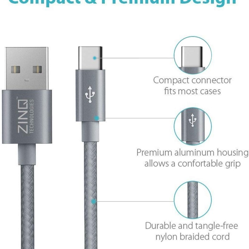 (Refurbished) Zinq Technologies USB Type C to USB Type A 2.0 Cable for Smartphone (Silver)