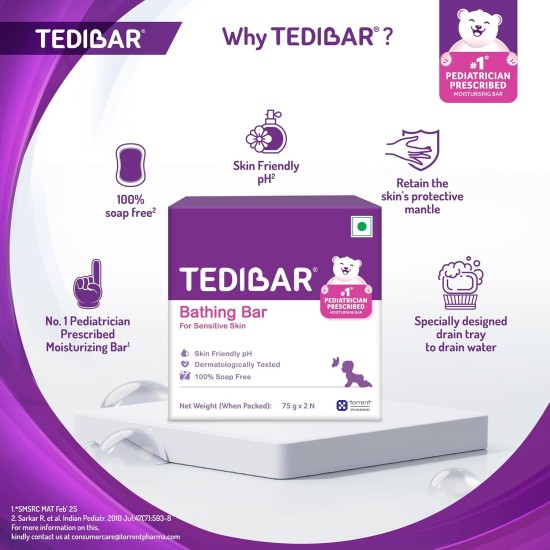 Tedibar Baby Bathing Bar | For Baby’s Sensitive Skin | Gentle Cleansing, Skin-friendly, pH 5.5, 75gm, Pack of 2