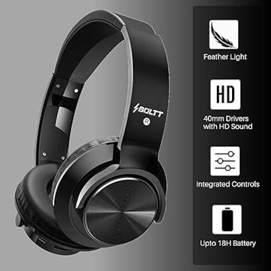 Fire-Boltt Blast 1300 On-Ear Metal Finish Wireless Bluetooth Over The Ear Headphone, 18-Hour Playtime with in-Built Mic, 40mm Driver with HD Sound, Deep Bass & Ultra-Soft Ear Cushions (Black)