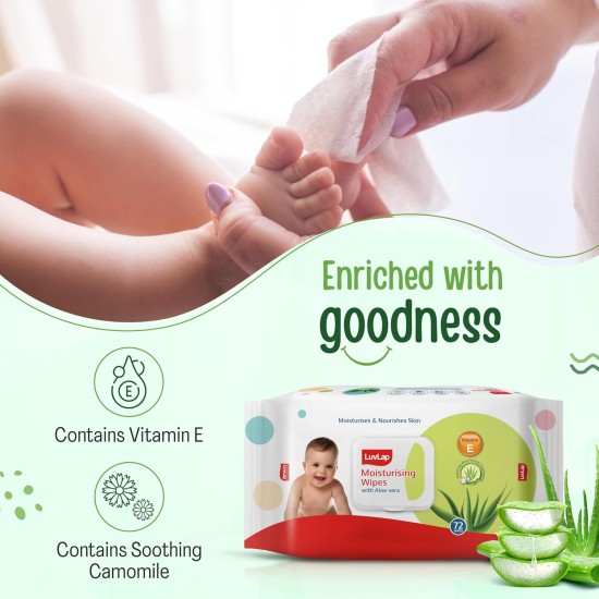 LuvLap Moisturising Wipes with Aloe Vera Lid (72 Wipes/Pack, Pack of 3)