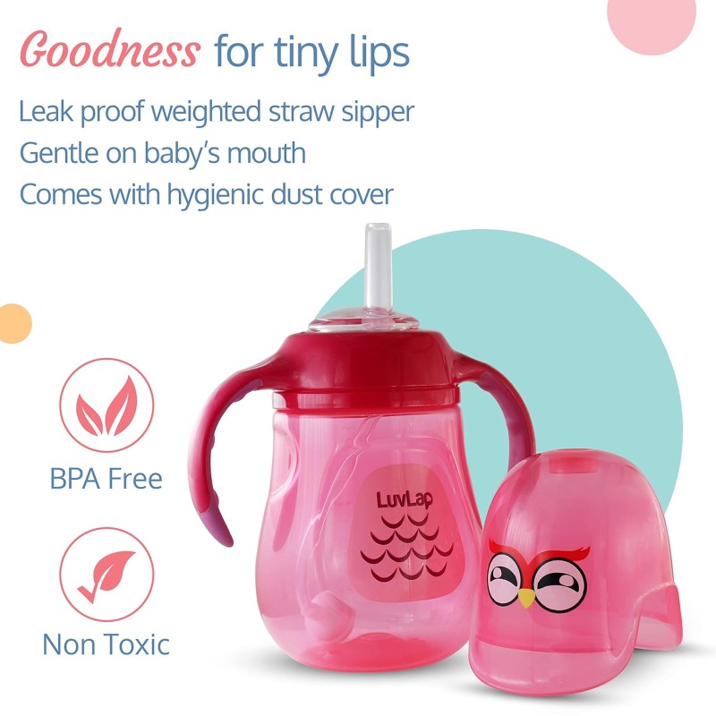 LuvLap Wise Owl for Infant/Toddler 280ml, Anti-Spill Sippy Cup with Soft Silicone Straw BPA Free, 12m+ (Pink) LuvLap Wise Owl for Infant/Toddler 280ml, Anti-Spill Sippy Cup with Soft Silicone Straw BPA Free, 12m+ (Pink)