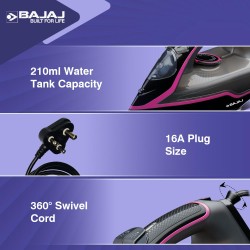 Bajaj ABS Mx-35N 2000W Steam Iron With Steam Burst, Anti-Drip And Anti-Scale Technology, Vertical And Horizontal Ironing, Non-Stick Coated Soleplate, Black And Pink, 2000 Watts