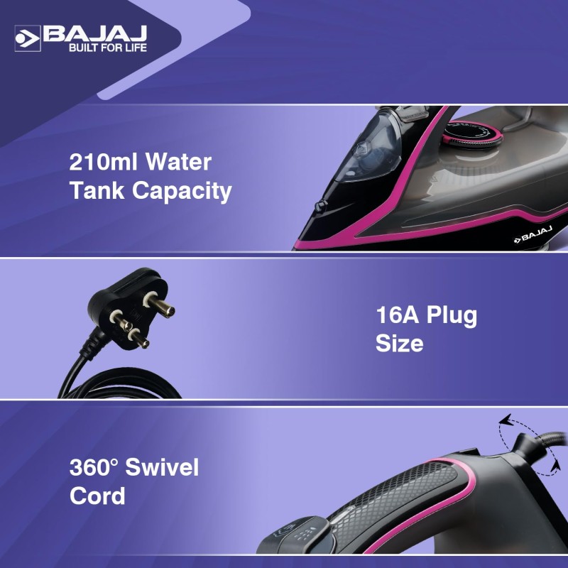 Bajaj ABS Mx-35N 2000W Steam Iron With Steam Burst, Anti-Drip And Anti-Scale Technology, Vertical And Horizontal Ironing, Non-Stick Coated Soleplate, Black And Pink, 2000 Watts Bajaj ABS Mx-35N 2000W Steam Iron With Steam Burst, Anti-Drip And Anti-Scale Technology, Vertical And Horizontal Ironing, Non-Stick Coated Soleplate, Black And Pink, 2000 Watts