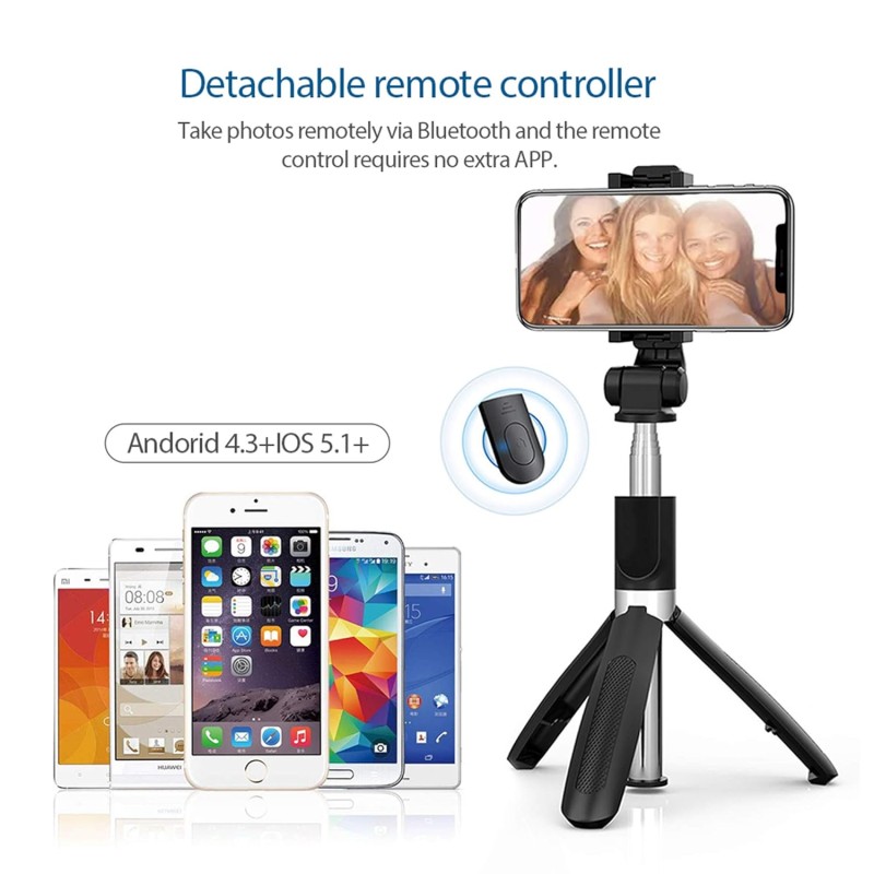 JOYSEUS Selfie Stick, Extendable Selfie Stick with Tripod Stand and Detachable Wireless Bluetooth Remote, Ultra Compact Selfie Stick for Mobile and All Smart Phones � Black