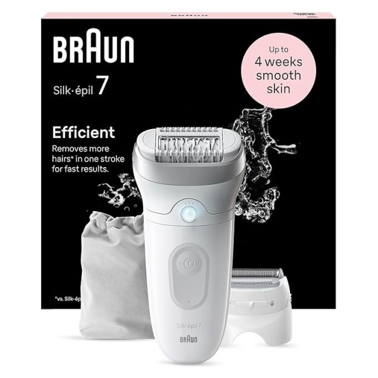 Braun Silk-epil 7 SE7041 Epilator for Women, Cordless Wet & Dry Epilation, Braun Epilator for Long Lasting Hair Removal, Smooth Skin with Sensosmart Technology, Waterproof, Less Pain