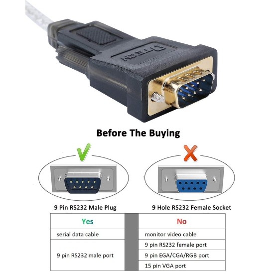 DTECH 6 Feet Serial Cable USB to DB9 RS232 Port Adapter Supports Windows 10 8 7 Mac (1.8m)